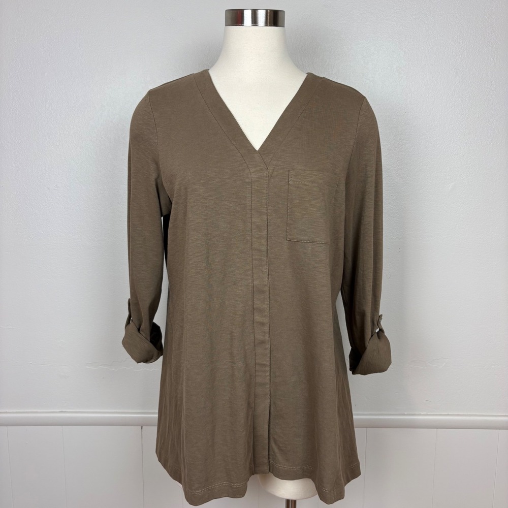 J. Jill NWOT Tunic‎ Top Size M Coffee Brown Roll Tab Sleeves Modest Comfy Casual